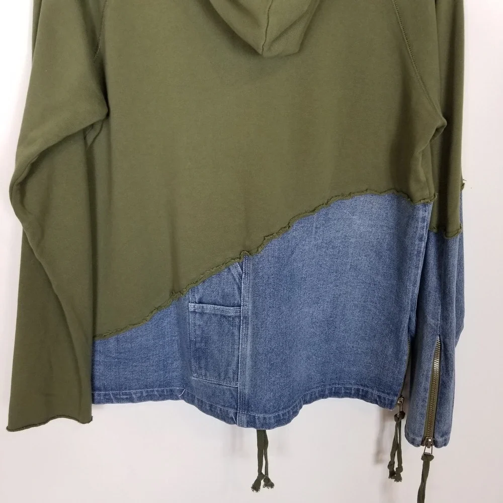 Lucky Sartorius Men Green Denim Patchwork Full Zip Hooded Jacket Sz XL‎ Pockets